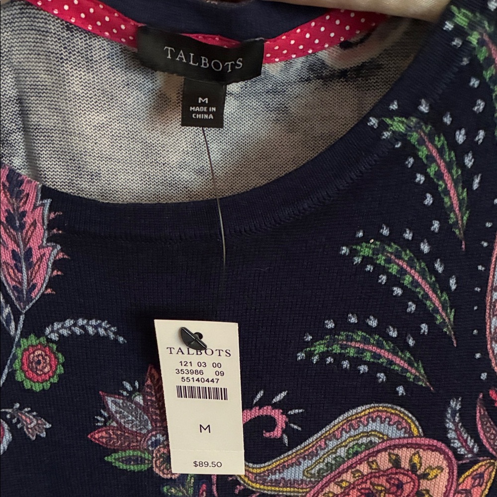 Talbots Navy Paisley Long Sleeve Top with Pink & Purple Accents - Picture 2 of 5